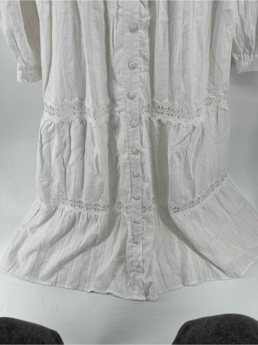 White Cotton Swiss Dot Maxi Dress Cottagecore Prairie Lace Tiered Boho M - Picture 4 of 9